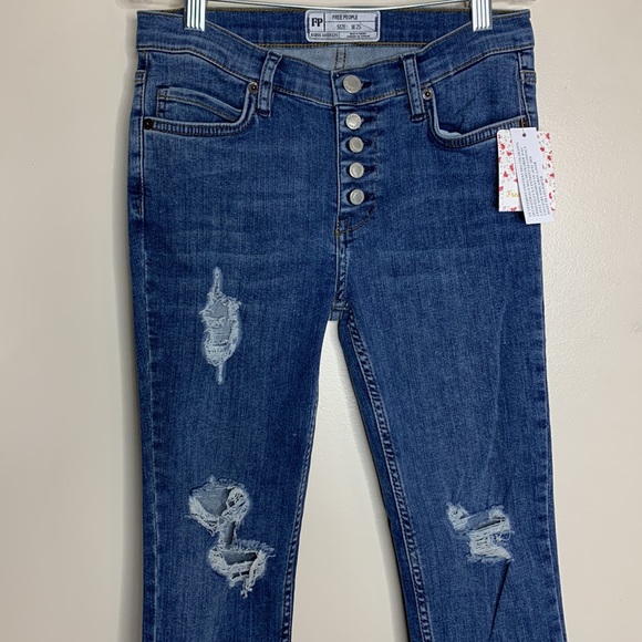 Free People | Distressed Denim Skinny Leg Jeans | Snap Button Crotch NWT - Picture 3 of 12